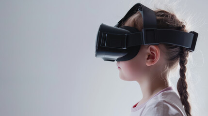 young girl is immersed in virtual reality experience, wearing VR headset. focus is on her profile, showcasing her concentration and curiosity
