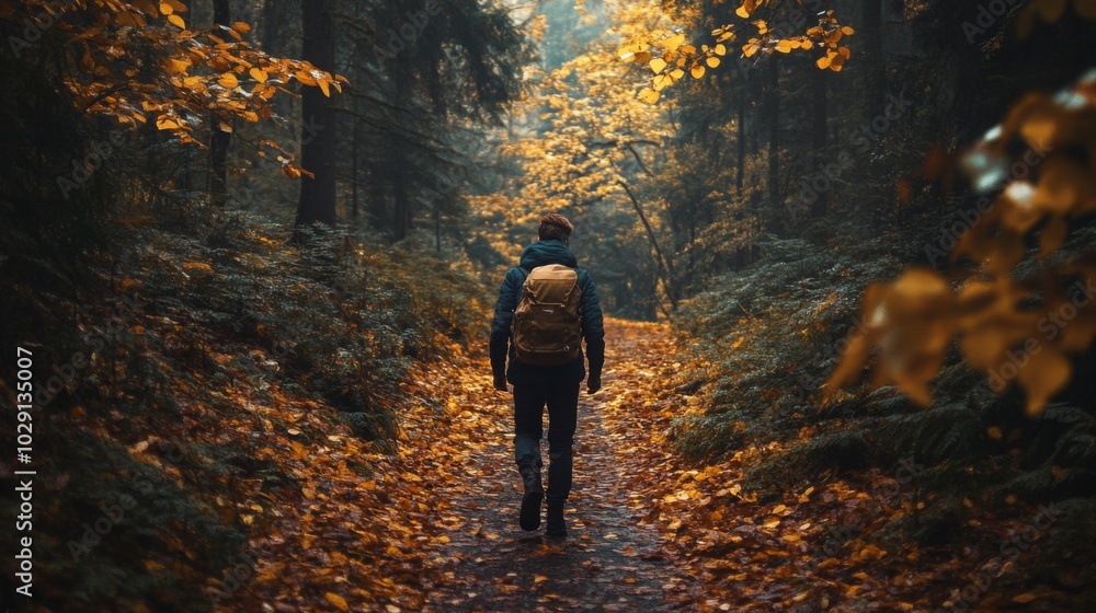 Poster a lone hiker makes his way down a tranquil path surrounded by vibrant autumn leaves. the golden hues