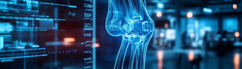 Advanced medical hologram showcasing a knee X-ray, neon blue damage indicators and repair technologies, set against a futuristic operating room