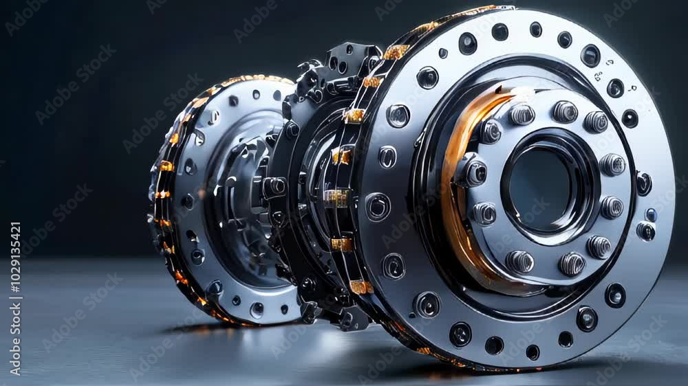 Poster close-up of a shiny metallic car brake system, showcasing intricate details of the component in a mo