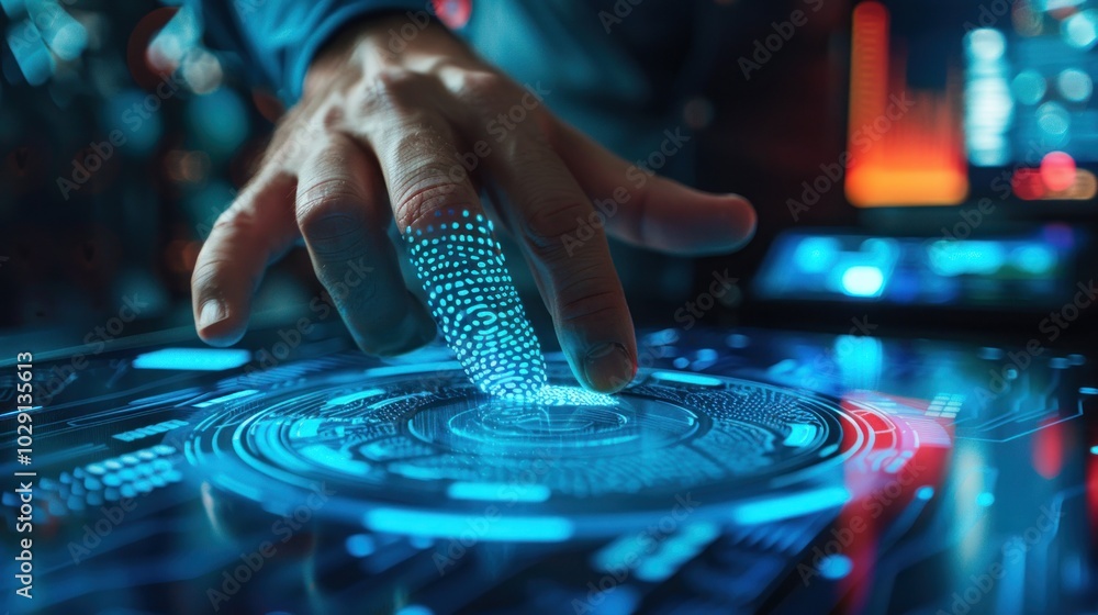 Poster businessman scans fingerprints provides secure access with biometric identification, internet identi