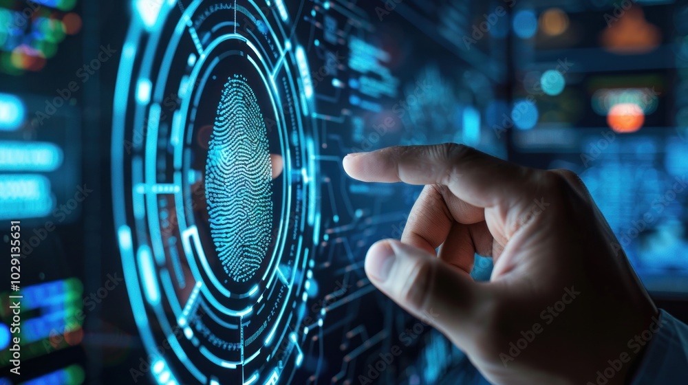 Poster businessman scans fingerprints provides secure access with biometric identification, internet identi