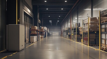 Industrial warehouse with LED motion-sensor lighting minimizing energy consumption in unused areas