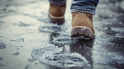A pair of boots walking across an icy sidewalk the footsteps leaving deep impressions in the frost.