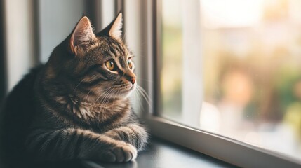 A tabby cat with green eyes sits on a window sill, looking out at the blurry view outside.