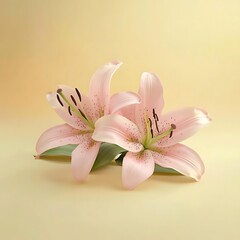 Naklejka premium Two elegant pink lilies bloom gracefully against a soft yellow backdrop, showcasing their delicate petals and intricate details.