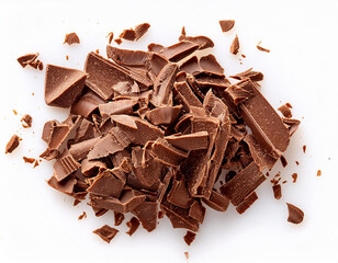 Grated chocolate. Heap of ground chocolate isolated on white background with clipping path, closeup