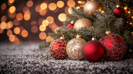 Festive Christmas Ornament Decorations with Bokeh Lights and Snow