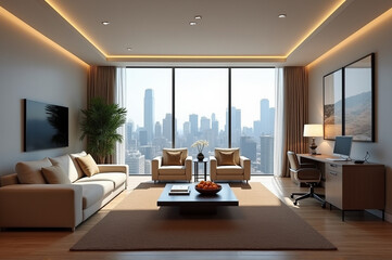Fototapeta premium Modern living room with city skyline view