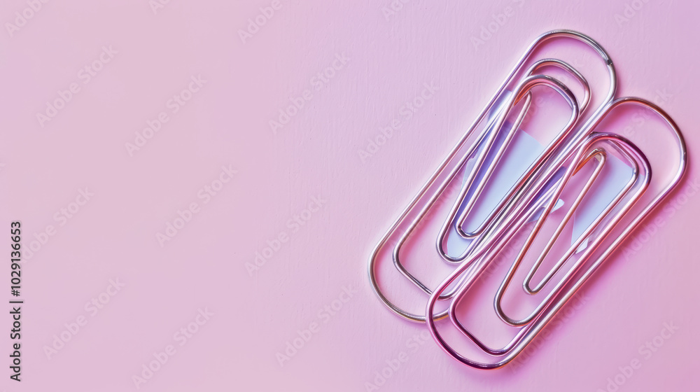 Poster shiny silver paper clips arranged on soft pink background, creating modern and minimalistic aestheti