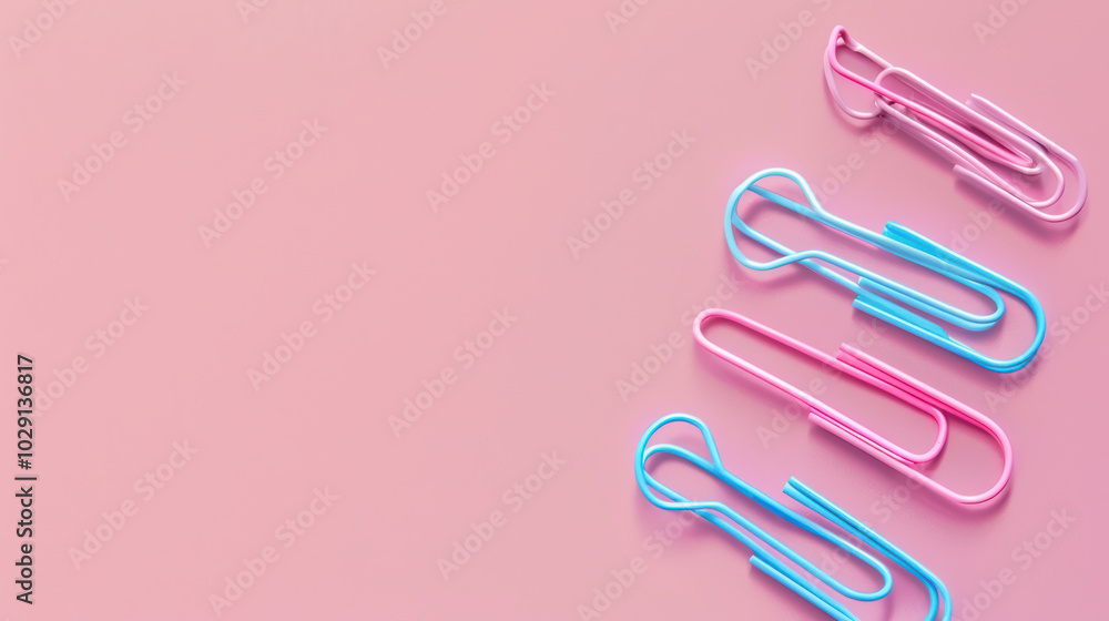 Poster colorful paper clips arranged on pink background create vibrant and playful scene, perfect for addin