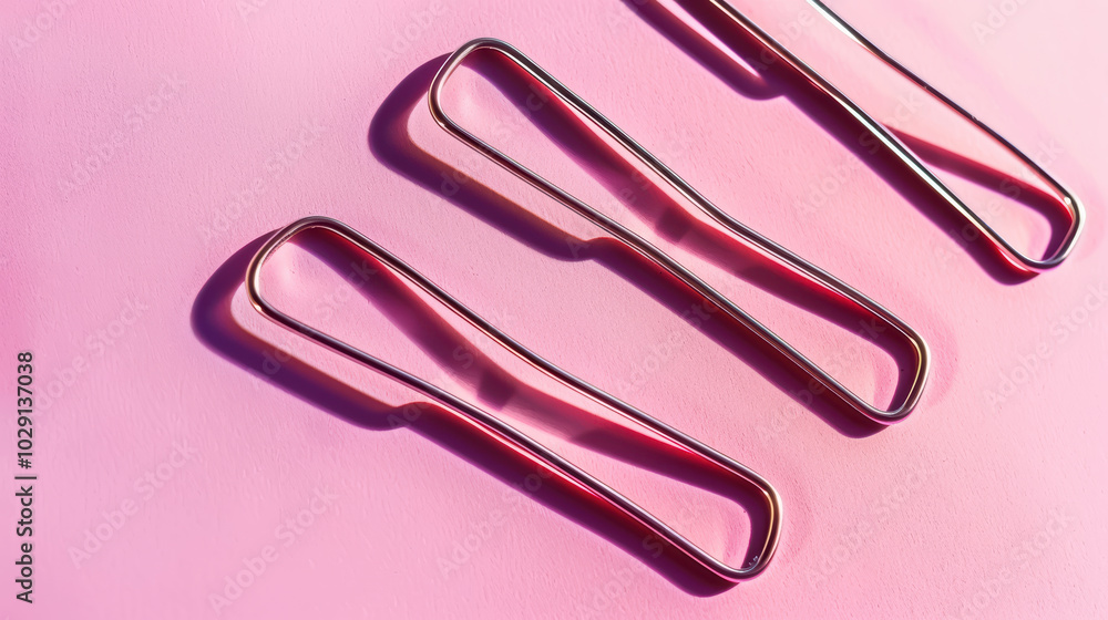 Poster sleek metal paper clips arranged on soft pink background create modern and minimalist aesthetic. sha