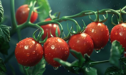 Freshly picked tomatoes on a vine, 4K hyperrealistic photo