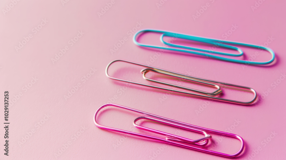 Poster colorful paper clips arranged on pink background create vibrant and organized workspace. these clips