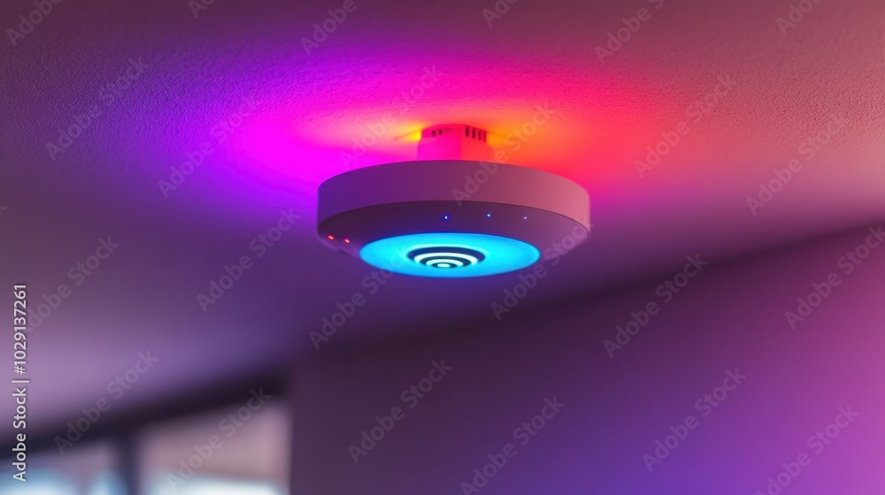 Poster minimalistic, modern wireless access point on the ceiling with vibrant indicator lights showing acti