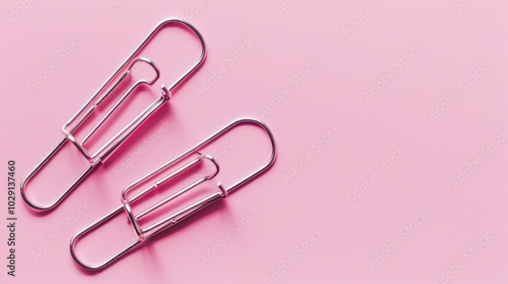 Poster large silver paper clips on pink background, showcasing their sleek design and functionality. perfec