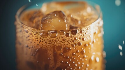 Iced coffee with condensation dripping down the glass, perfect for advertising