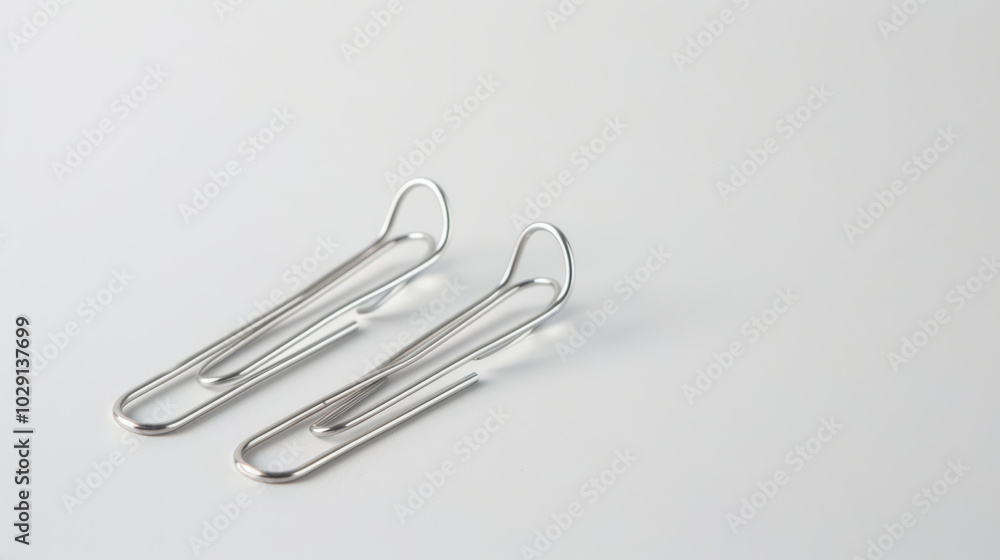 Poster simple and elegant silver paper clips resting on clean white surface, perfect for organizing documen