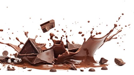 Fototapeta premium Chocolate pieces with chocolate splash isolated on white background.