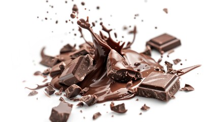 Fototapeta premium Chocolate pieces with chocolate splash isolated on white background.