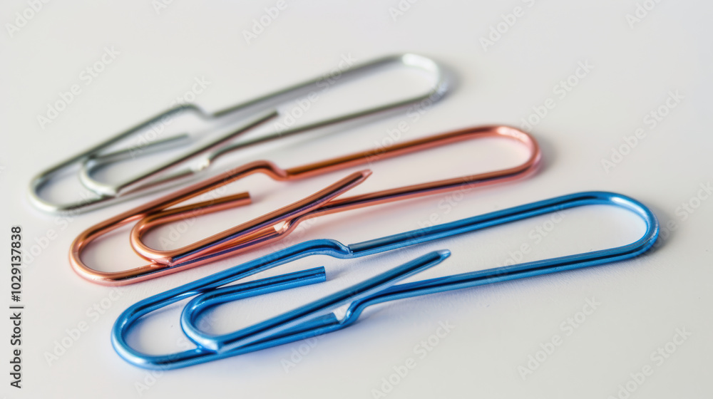 Poster colorful paper clips in silver, copper, and blue arranged on white background, showcasing their slee