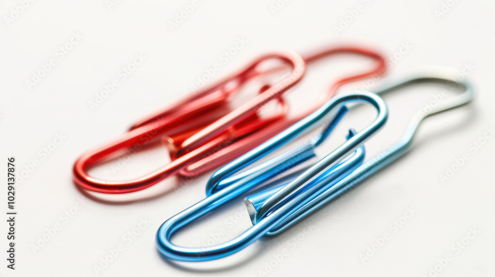 Poster colorful paper clips in red and blue arranged on light background, showcasing their shiny metallic f
