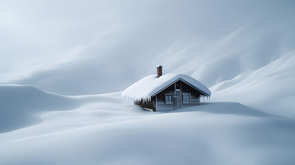 A remote mountain hut barely visible beneath a heavy blanket of snow with only the chimney and rooftop peeking out surrounded by untouched snow.