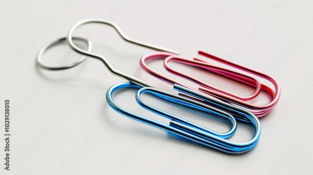 Poster colorful paper clips in blue and pink, arranged on light background, showcasing their unique shapes 