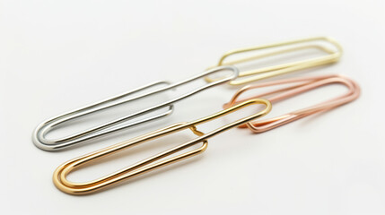 Obraz premium Elegant paper clips in silver, gold, and rose gold colors arranged on white background, showcasing their sleek design and versatility for organizing documents