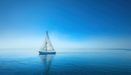Fototapeta premium Solitary Sailboat on Calm Blue Waters Under Clear Sky. Concept of Peace, Freedom, and Tranquility for Travel, Minimalism, and Lifestyle Imagery