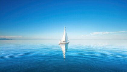 Obraz premium Solitary Sailboat on Calm Blue Waters Under Clear Sky. Concept of Peace, Freedom, and Tranquility for Travel, Minimalism, and Lifestyle Imagery