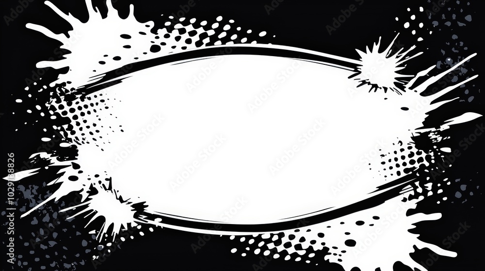 Fototapete An energetic black and white abstract design features splashes and strokes surrounding a blank central area, perfect for adding text or illustrations