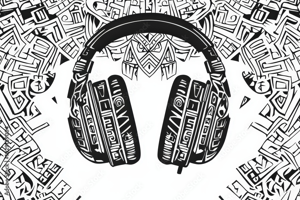 Poster a pair of black headphones sits prominently in the center, embellished with intricate, swirling patt