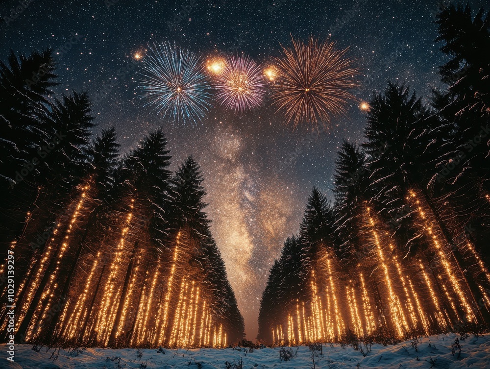 Wall mural majestic night sky fireworks illuminating snow-covered forest pathway surrounded by tall pine trees 