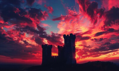 Obraz premium Castle towers silhouetted against a colorful evening sky, 4K hyperrealistic photo