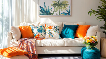 Stylish sofa setup with bold cushions and fresh flowers