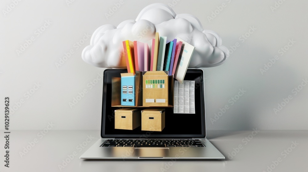 Poster cloud computing concept, database, digital storage, laptop with documents, folders and cloud. workin