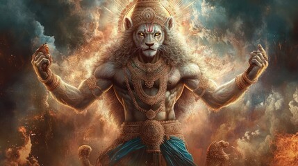 A serene illustration of Lord Vishnu avatar, Lord Narasimha, in a protective stance, with a lion head and human body, radiating divine protection and strengthstrength
