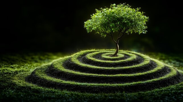 A tree is growing on a hill with a spiral path. The tree is surrounded by grass and he is the center of attention. Concept of tranquility and harmony with nature