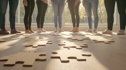 Group Activity with Puzzle Pieces on Wooden Floor