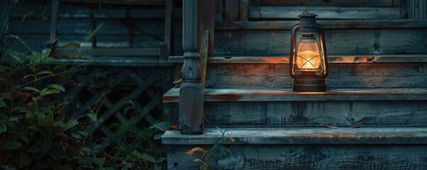 Lantern on the porch steps, 4K hyperrealistic photo