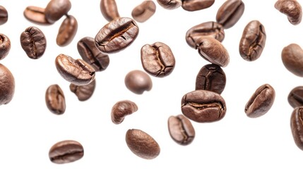 Coffee beans in the air close up, isolated on white background