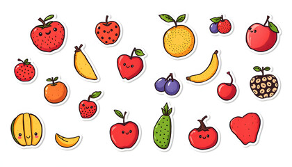 Cute doodle art fruits png sticker collection isolated with white highlights, png