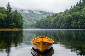 Obraz premium A yellow wooden boat on a still lake surrounded by a misty forest