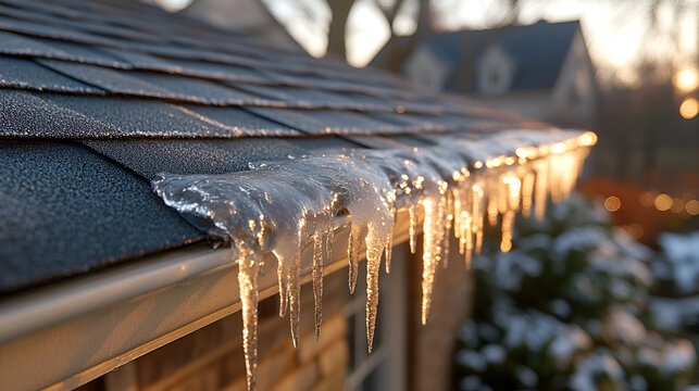 Icicles forming on a house roof during winter at sunset with soft light illuminating the icy details