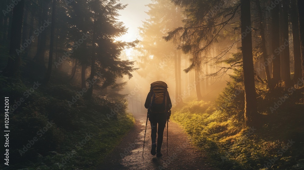 Poster a lone hiker walks along a winding path in a tranquil forest as the early morning light filters thro