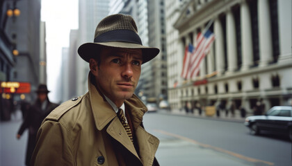 Secret agent in a trench coat tailing a target in a 1960s urban setting