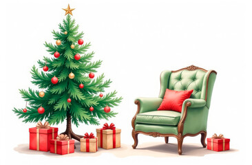 Cozy green chair and an elegant Christmas tree on a white background. Illustration