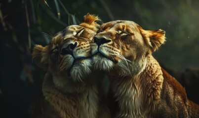 Pair of lions bonding with a gentle nuzzle, 4K hyperrealistic photo