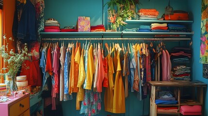 Vibrant Thrift Store Clothing Rack with Eclectic Fashion Items for Sustainable Shopping Experience